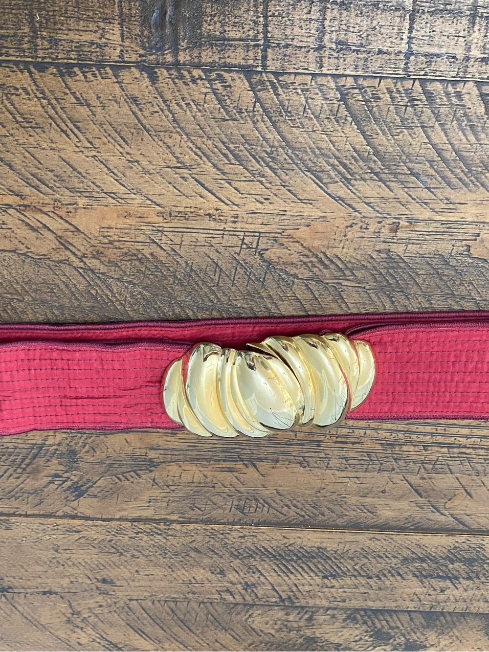 Vintage 80s Gay Boyer Red Fabric Statement Belt Gold Clamshell Buckle